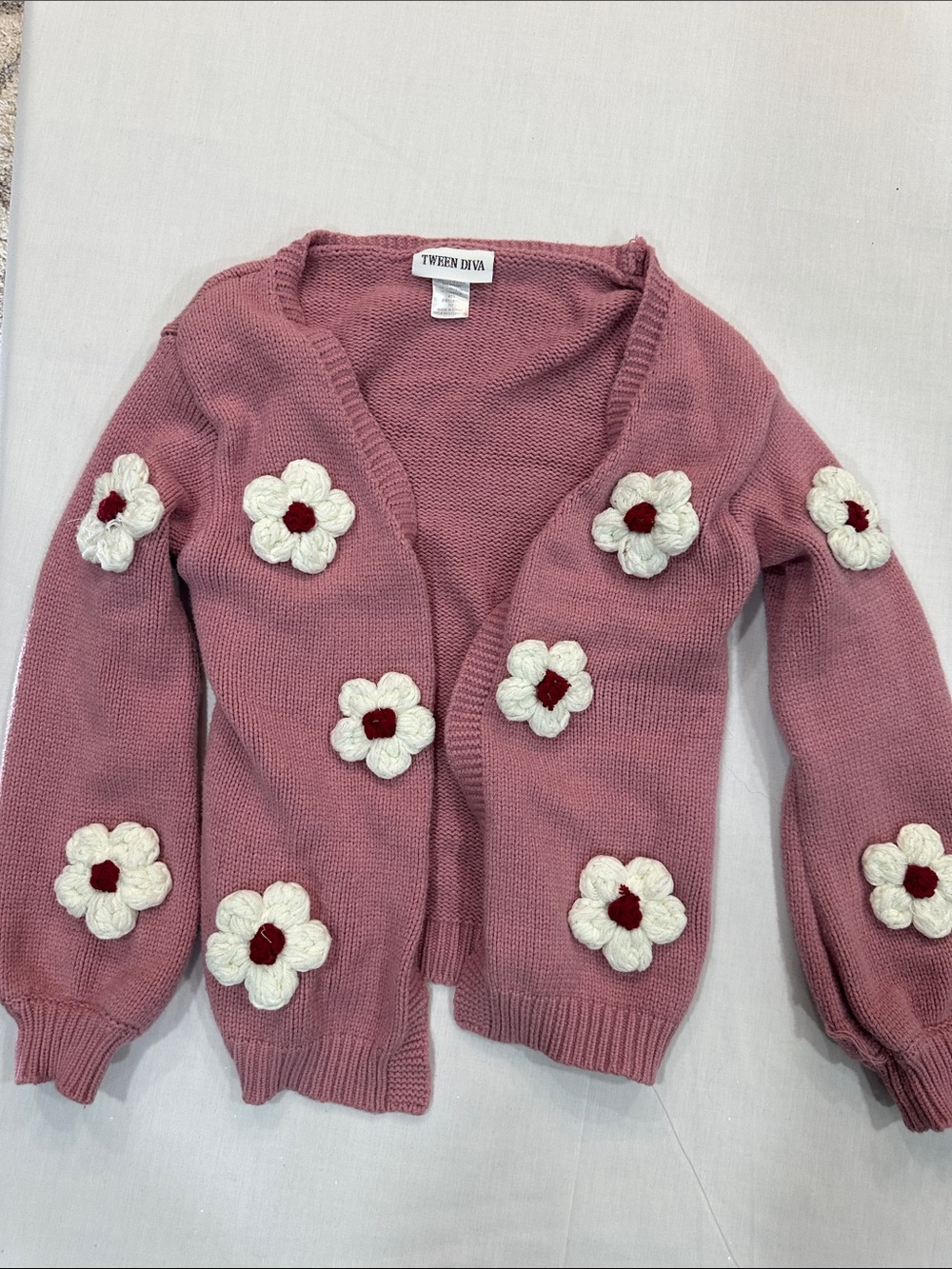 Tween Diva Pink Floral Appliqué Cardigan Sweater
